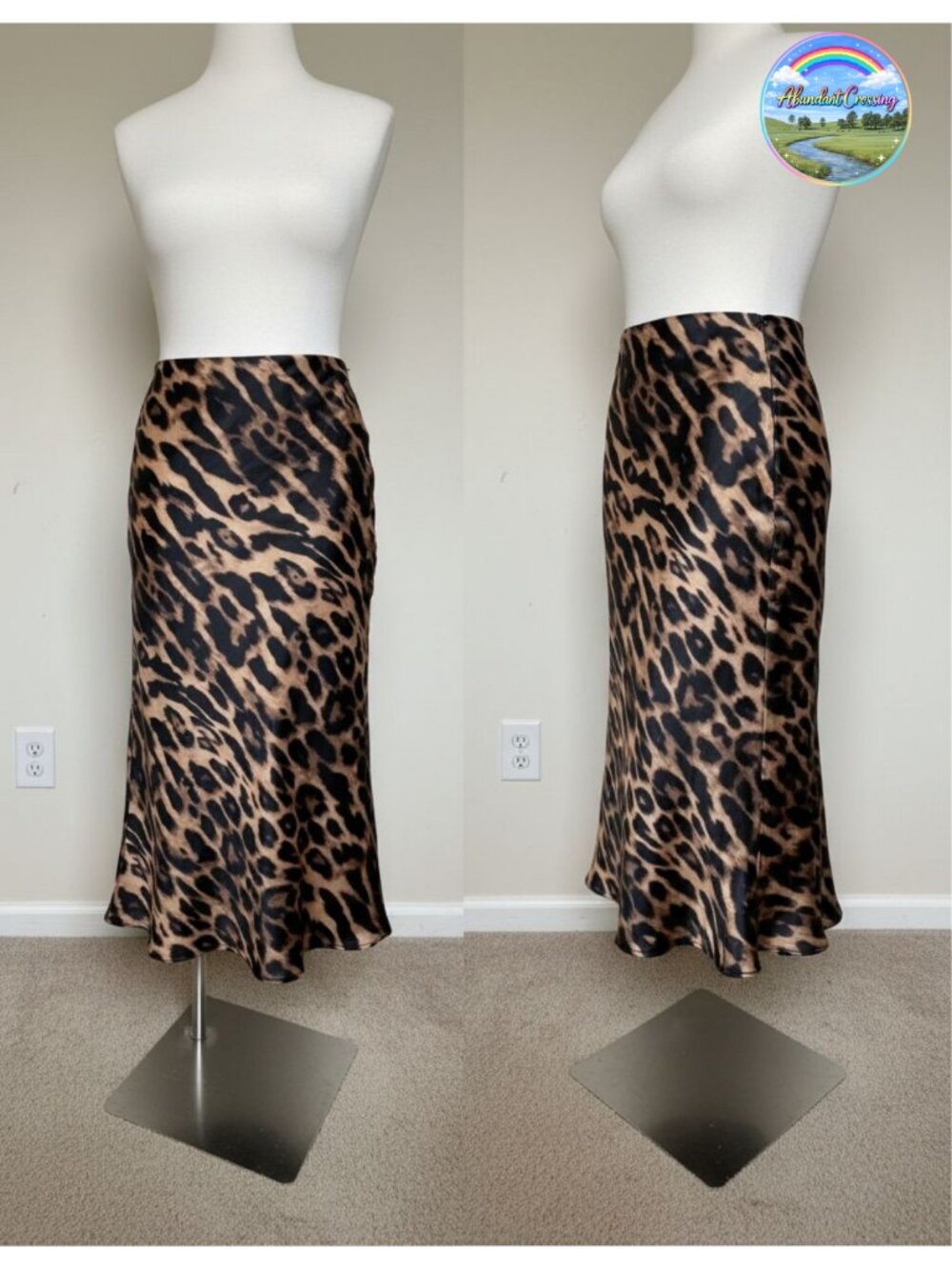 Silk Satin Midi Skirt High Waisted A-Line Leopard Skirt